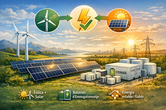 Il·lustració de la integració d’energia eòlica i solar en una xarxa elèctrica mitjançant hibridacions renovables