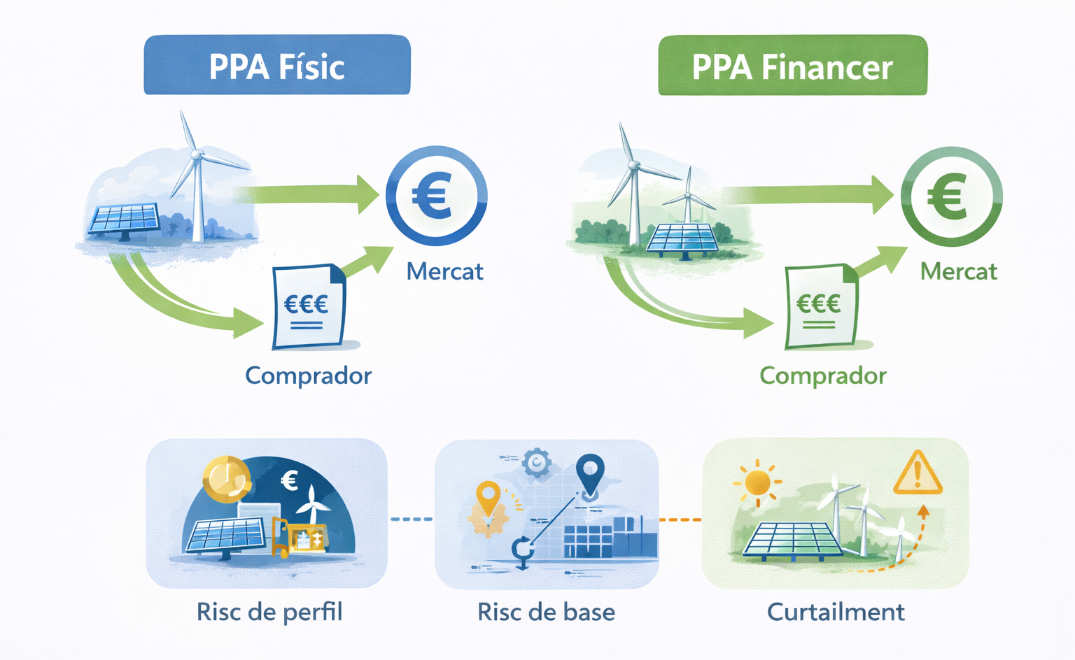 Contractes per a fotovoltaica i eòlica: PPA, EPC, O&M i project finance